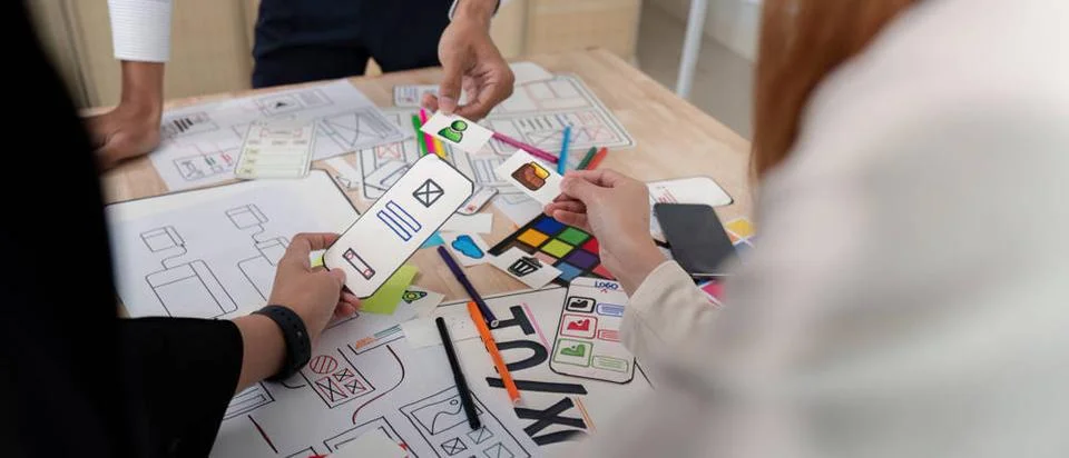 Brainstorm team of creative web graphic designer planning, Group of mobile... Stock-Fotos
