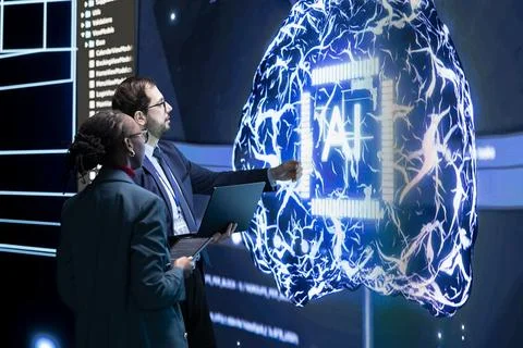 Brainstorming, AI technology and engineering team in RD lab Foto stock
