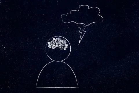Brainstorming and creative mind concept, person with gearwheel head next to.. Illustrazione stock