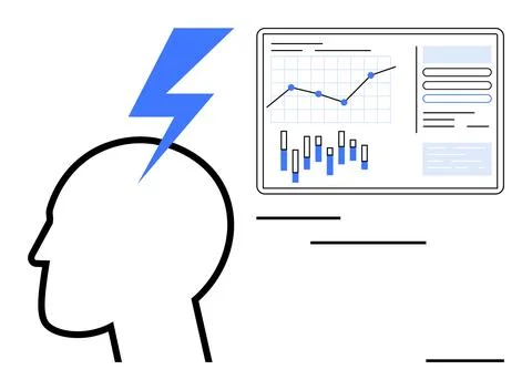 Brainstorming and Data Analysis Concept with Lightning Bolt and Graph on Scre 库存插图