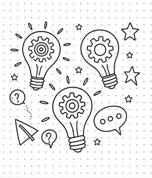 Brainstorming and problem solving concept vector featuring light bulb icons with Stock Illustration