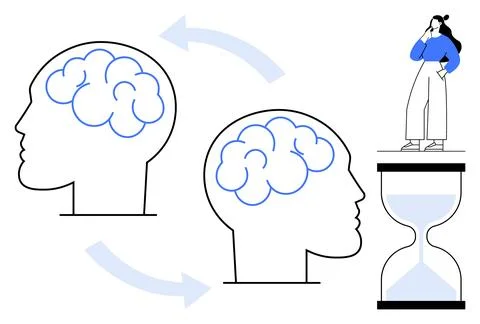 Brainstorming and Time Management Concept with Two Heads, Arrows, Hourglass.. Stock Illustration