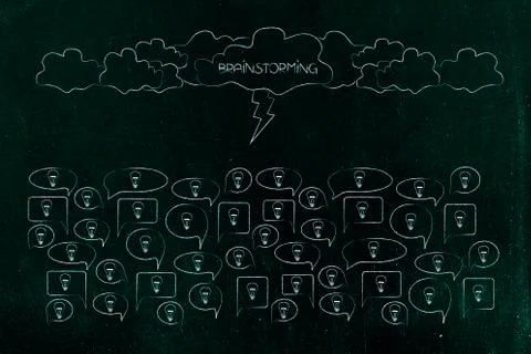 Brainstorming clouds with bolt and caption over a group of speech bubbles wit Stock Illustration