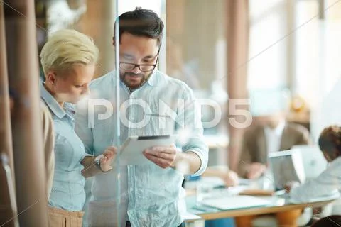 Brainstorming colleagues browsing in the net in office Stock Photos