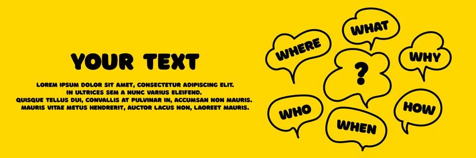 Brainstorming concept. Many questions. Problem solving. What, how, why, for.. Illustrazione stock