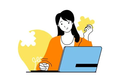 Brainstorming concept with people scene in flat web design. Woman work at lap Illustrazione stock