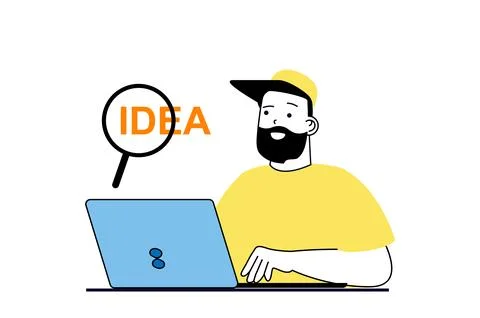 Brainstorming concept with people scene in flat web design. Man working at la Stock Illustration