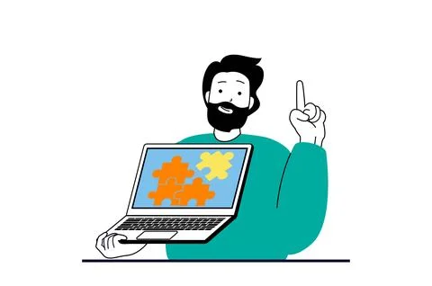 Brainstorming concept with people scene in flat web design. Man working at la Stock Illustration