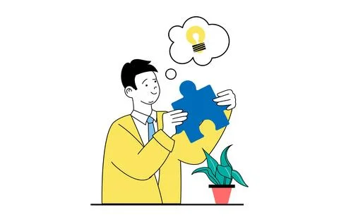 Brainstorming concept with people scene in flat web design. Man solving puzzl Illustrazione stock