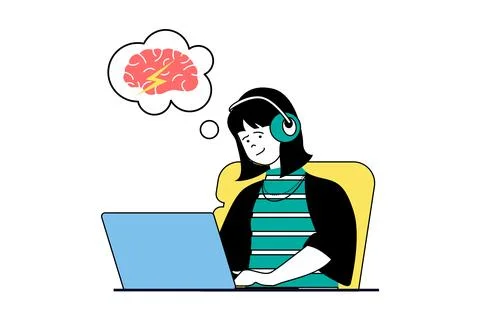 Brainstorming concept with people scene in flat web design. Woman works at la Stock Illustration