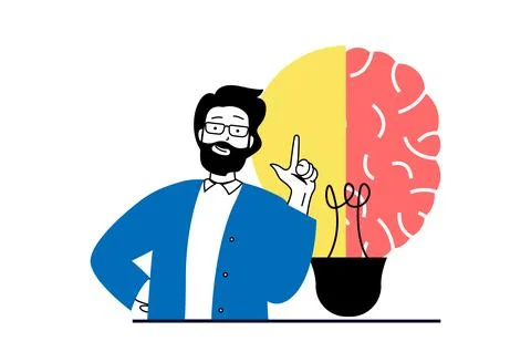 Brainstorming concept with people scene in flat web design. Man thinks and ge Stock Illustration
