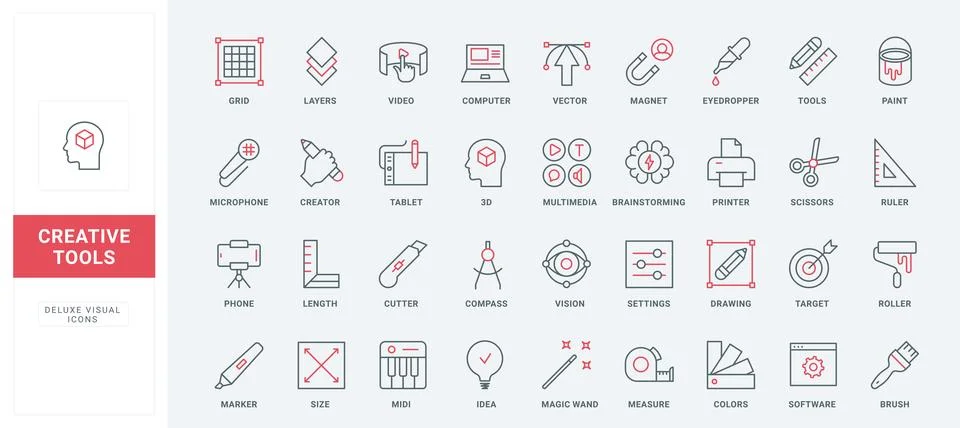 Brainstorming creative idea, authors tools of editor, software settings line Stock Illustration