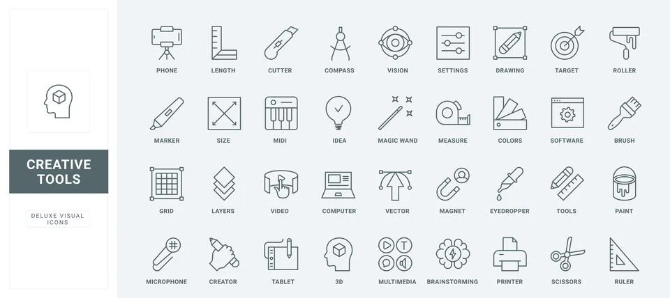 Brainstorming creative idea, authors tools of editor, software settings line Stock Illustration