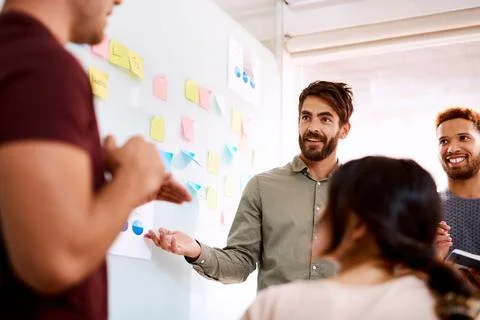 Brainstorming, data and teamwork with man in meeting for strategy, project Stock Photos