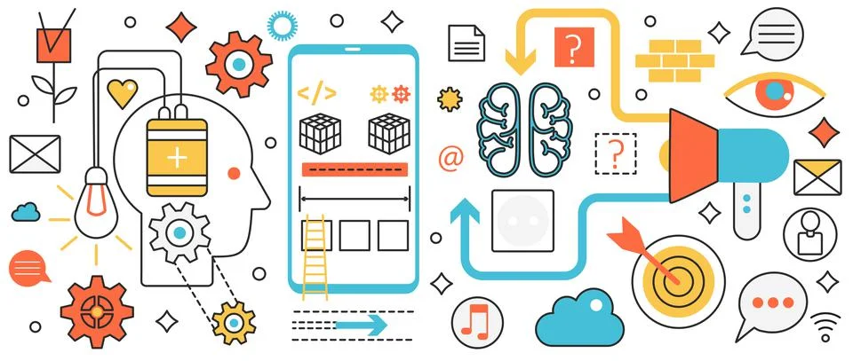 Brainstorming digital technology, abstract process of work, search and ideas Stock Illustration