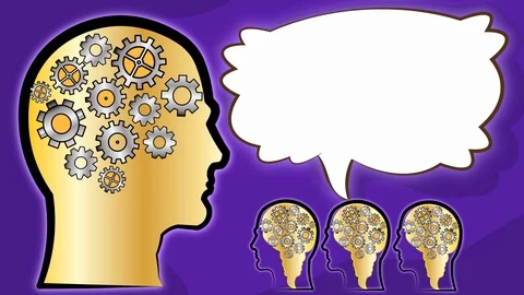 Brainstorming. Golden Head speech bubble and gears. Version 8 Video stock 86089754