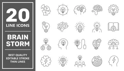Brainstorming Line Icons Set. Brain, Creativity, Novel Idea. Editable Stroke. Stock Illustration