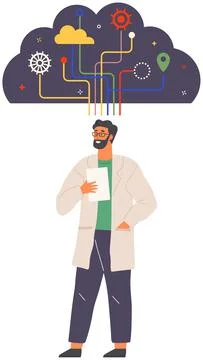Brainstorming man with gear brain scheme in cloud. Scientist with abstract Ilustração Stock