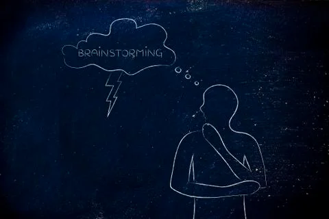 Brainstorming man with lightning bolt out of thought bubble Stock Illustration