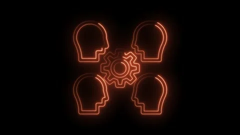 Brainstorming neon heads with gear collaboration and teamwork concept on a black Stock Footage 322961903
