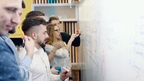 Brainstorming in the office. Colleagues discuss the problem and make notes on a Vídeo Stock 104182339