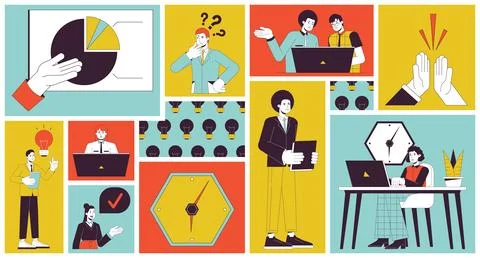 Brainstorming office workers bento grid illustration set Stock Illustration