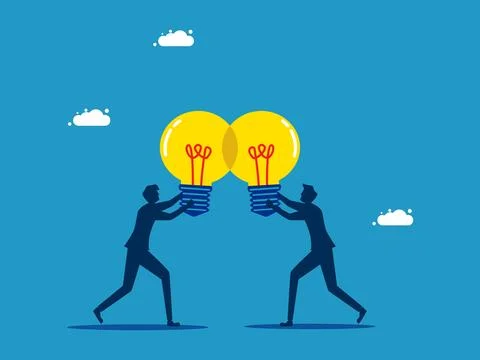 Brainstorming or sharing knowledge. business people sharing light bulbs. Illustrazione stock