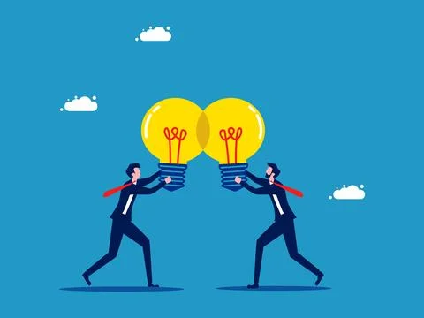 Brainstorming or sharing knowledge. business people sharing light bulbs. Illustrazione stock