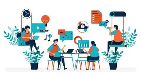 Brainstorming to solve problem. Startup office with swing. Modern workplace o Stock Illustration