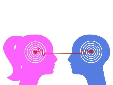 Brainstorming to solve problems. Male and female heads think the same. love a Stock Illustration