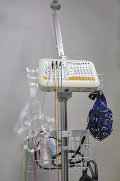 BrainTest polygraph and EEG machine with electrode caps closeup. Stock Photos