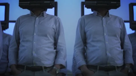 Brainwashed. Surreal army of tv head people standing in line. Media manipulation Stock Footage 249626460