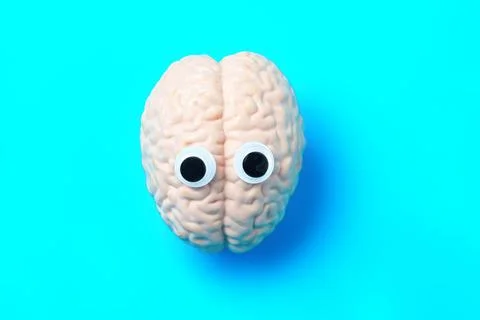 Brainy Character: Human Brain with Googly Eyes Blue Foto stock