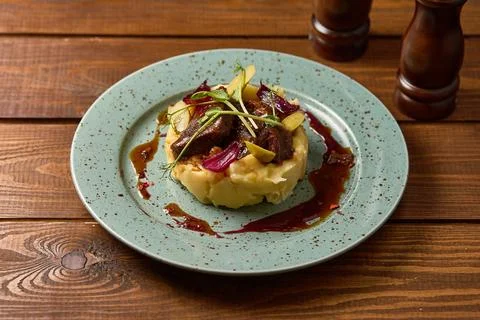 Braised Beef with Mashed Potatoes and Gravy Stock Photos