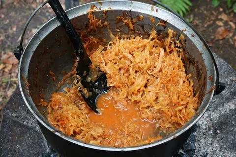 Braised cabbage cooked in a large pot on a fire in the forest Stock Photos