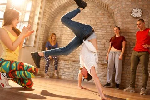 Brake dancer having performance in dancing room Stock Photos