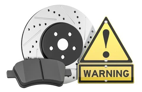 Brake disc and pad with warning sign for car safety. 3D rendering Stock Illustration
