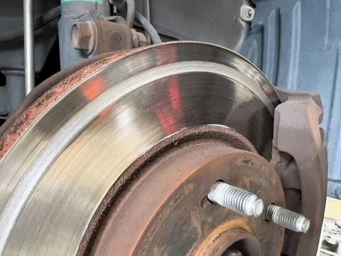 Brake disc rotor mark from scratch grinding against brake pads Stock Photos