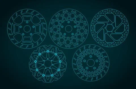 Brake discs technical drawings mini set Stock Illustration