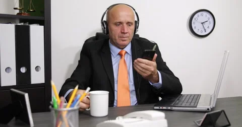 Brake Time in Working Program Office Salesman Agent Listen Music Drinking Tea Stock Footage 53892069