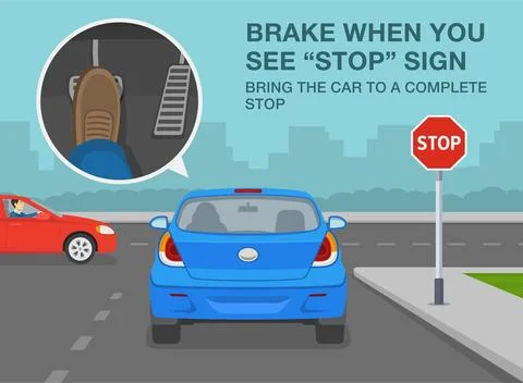 Brake when you see "stop" sign, bring the car to complete stop. Stopped car. Stock Illustration
