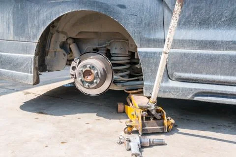 Brakes on a car with removed wheel Stock Photos