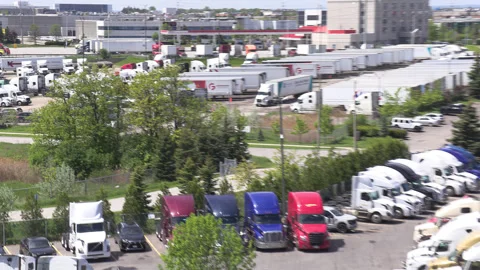 Brampton, Canada, Aug 12 2025, Trucking company yard during tariff recession Stock Footage 309660692