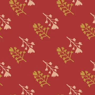 Branch abstract figures seamless pattern. Pastel red background with yellow a Stock Illustration
