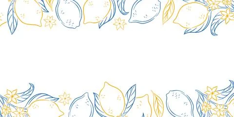 Branch border with lemon, leaf and blossom flower in line art style on a white Stock Illustration