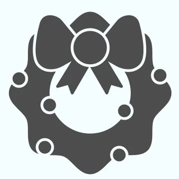Branch with bow solid icon. Fir-tree wreath decoration with ribbon on main bdoor Stock Illustration