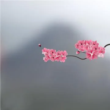 A branch of cherry blossoms against a background of mountains. Landscape. i.. Illustrazione stock