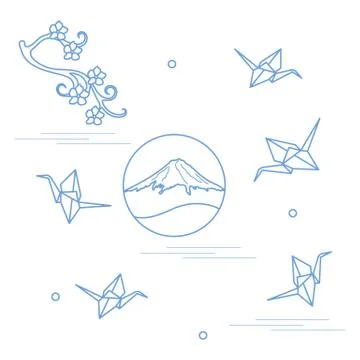 Branch of cherry blossoms, mount Fuji and origami paper cranes. Stock Illustration