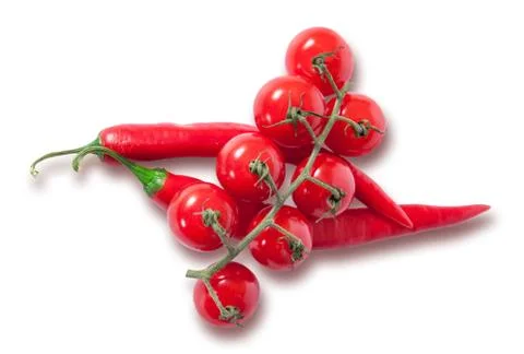 Branch of cherry tomatoes and two red chili peppers Stock Photos