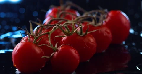 A branch of cherry tomatoes falls on a wet black table Stock Footage 152094894